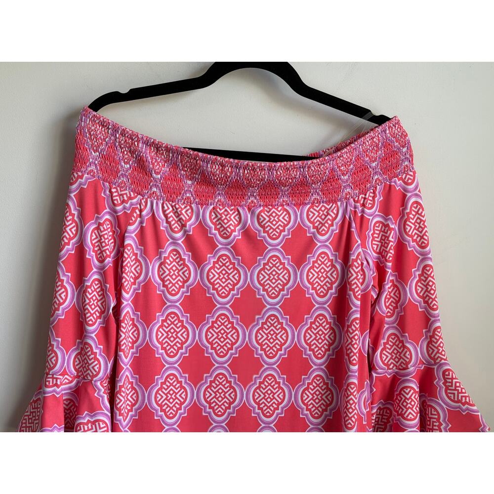 Cabana Life Coral Geo Off Shoulder Coverlux Smocked Mini Dress Pink Womens S NWT - Picture 4 of 13